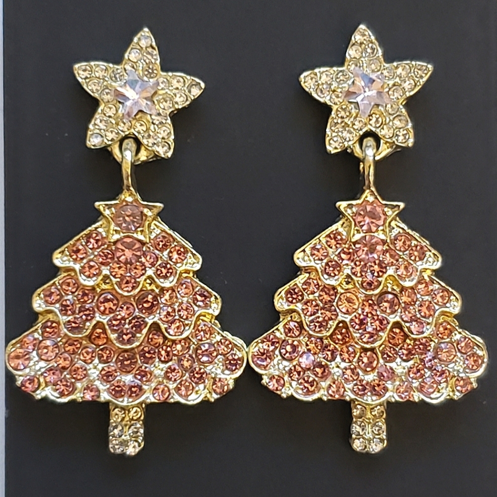 Pink Gold Silver Rhinestone Christmas tree earrings